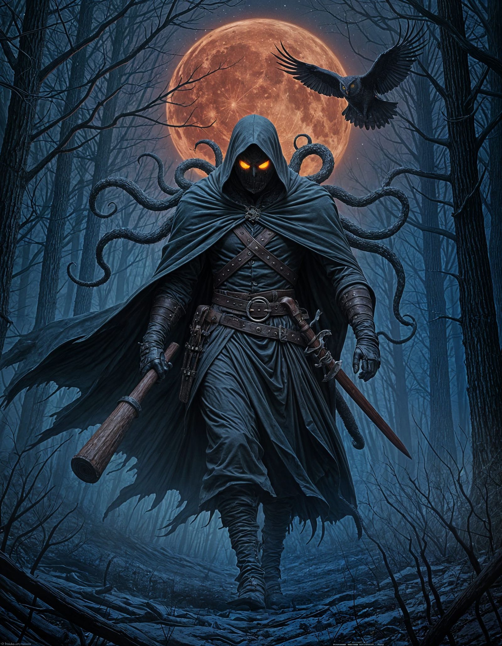 Headless Horseman in Dark Forest with Fiery Eyes