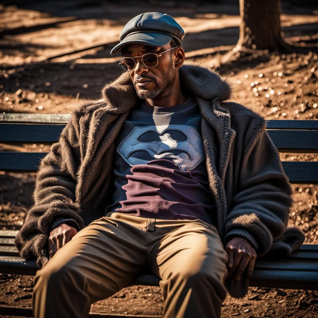 Superhero Hancock on Bench: Hyperrealistic Digital Art