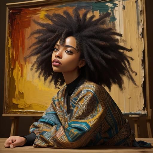 Abstract Expressionist Painting of Woman in Afrocentric Clot...