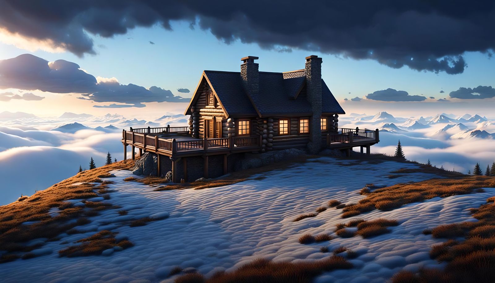 Log Cabin Above Clouds in Detailed Matte Painting