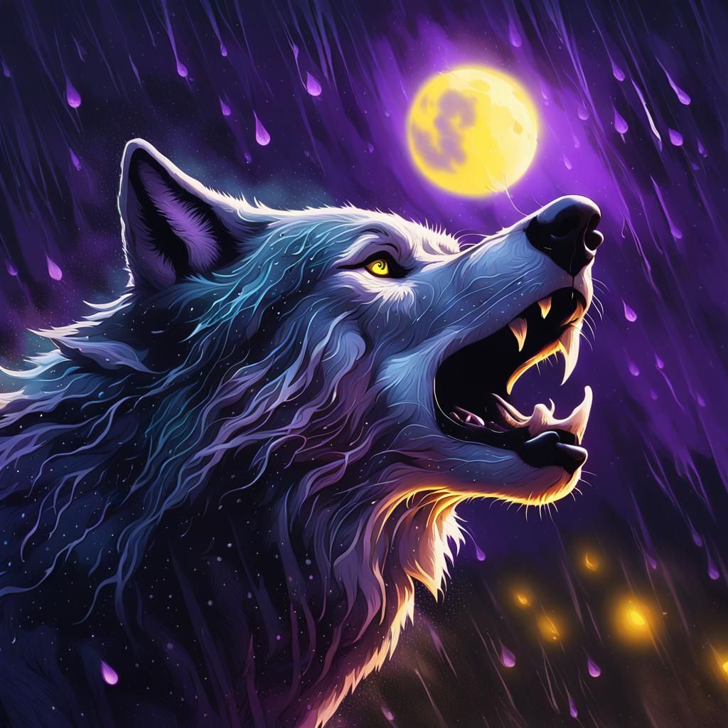 Wolf Howling at Moon in Rain, Dark Fantasy Art