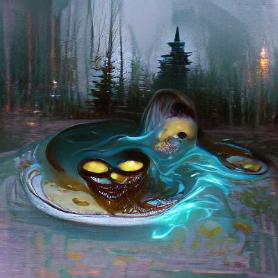 Eerie Ghost Child with Pancakes by Iridescent Pool