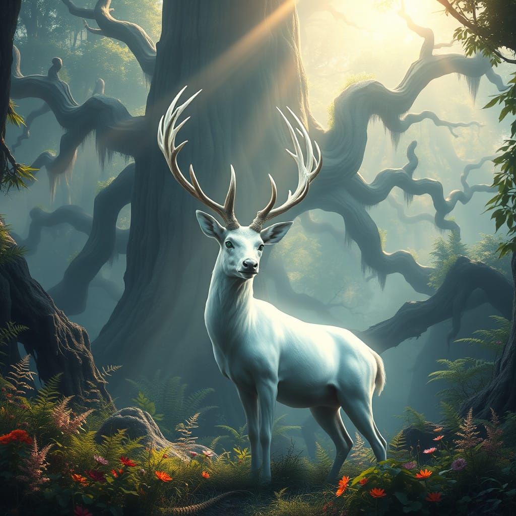 Surreal Whitetail Deer in Vibrant, Mystical Forest Landscape