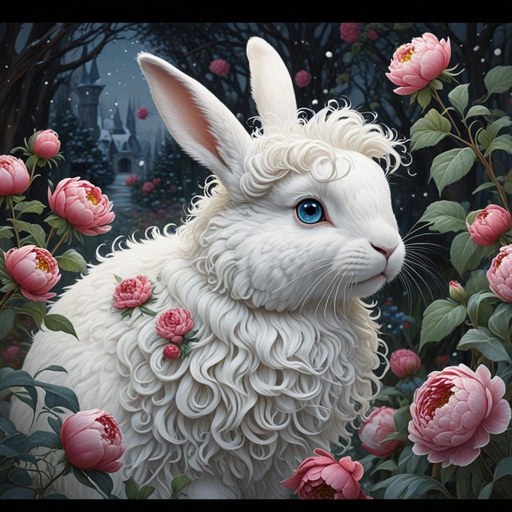 Curly White Bunny amidst Floral Wonderland