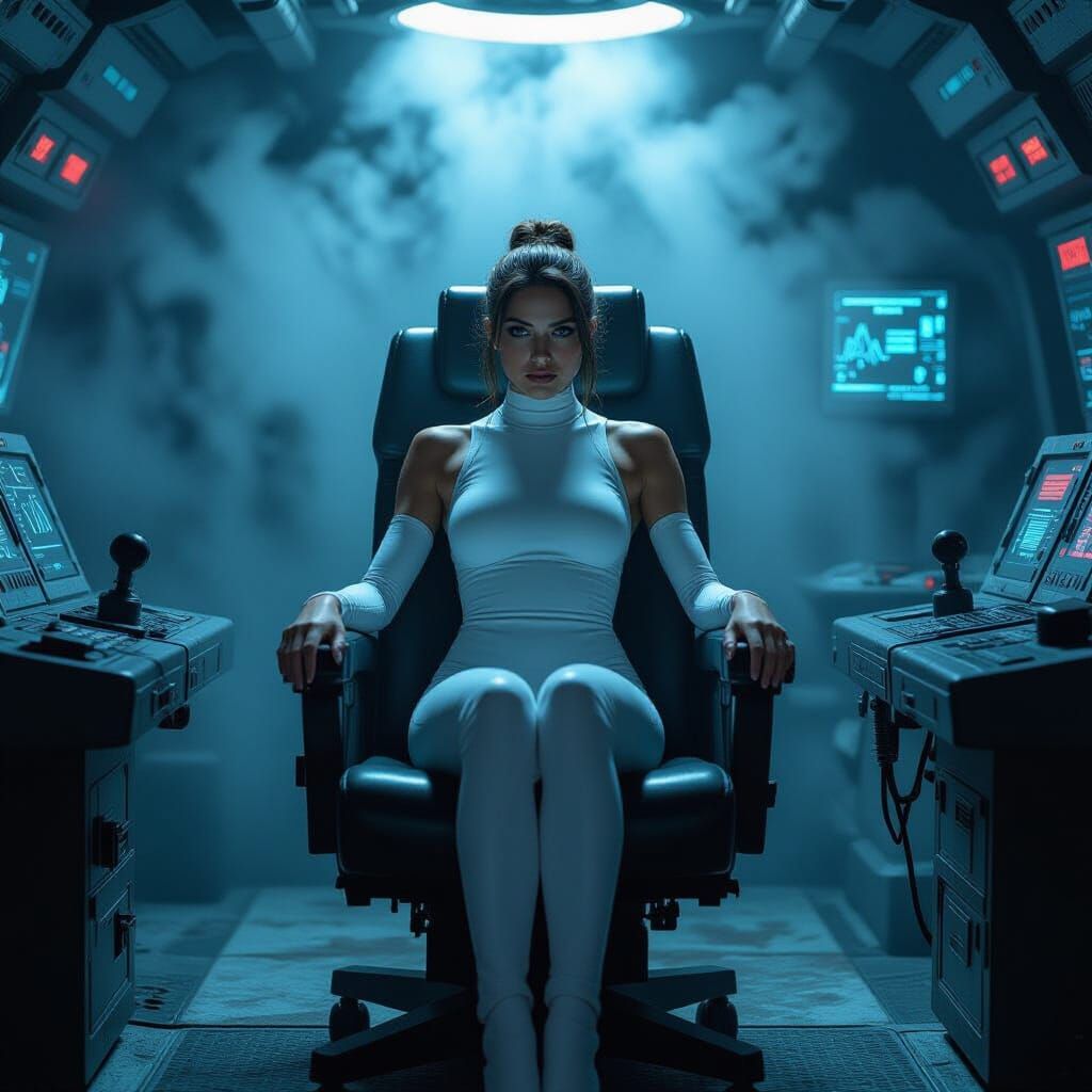 Dystopian Spaceship: Woman in White Bodysuit