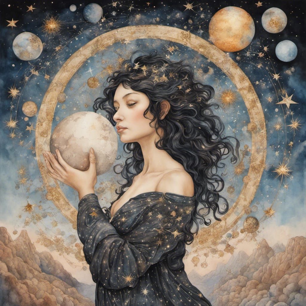 Goddess Arranging Stars in Celestial Watercolor