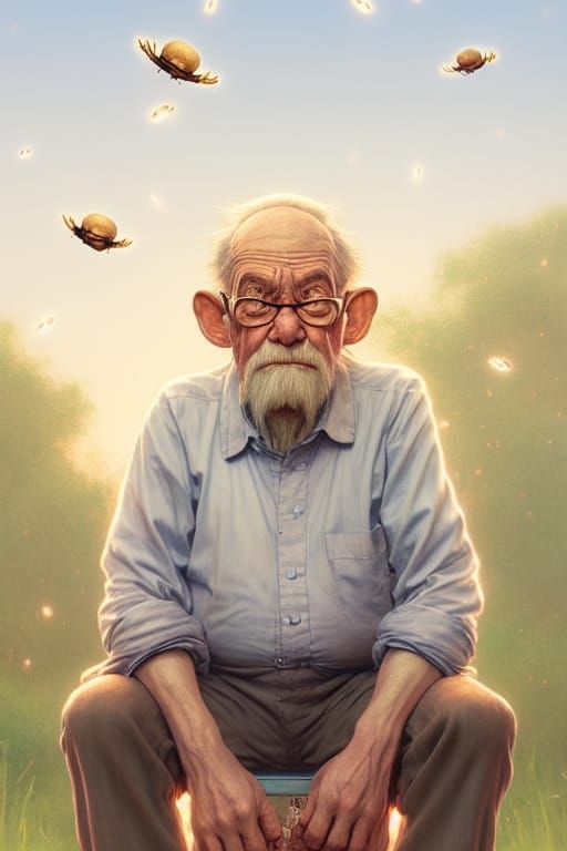 Grumpy Old Man with Fireflies: 3D Digital Art