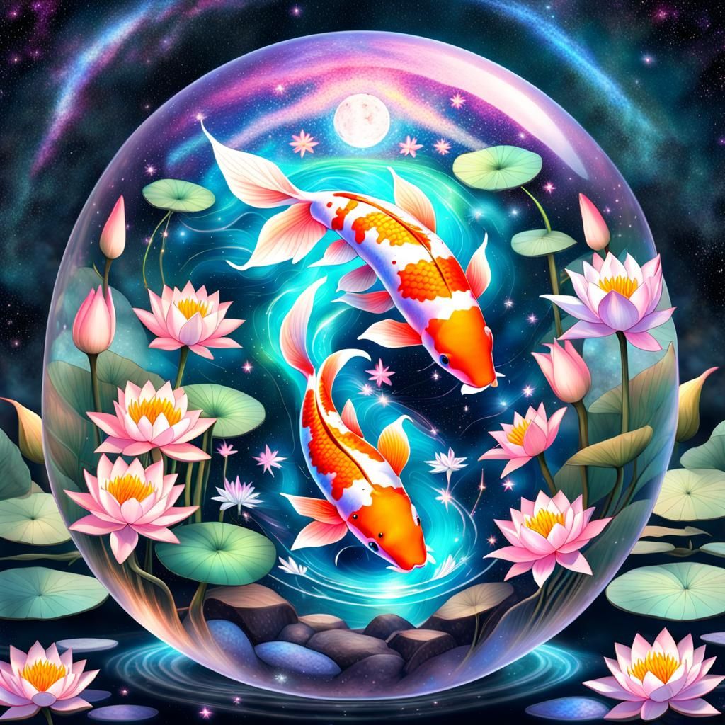 Koi and Lotus in Starry Glass Orb
