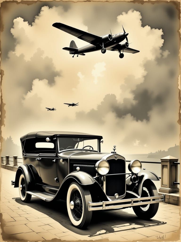 Vintage Travel Poster: Antique Car & Aircraft in Sepia Tones