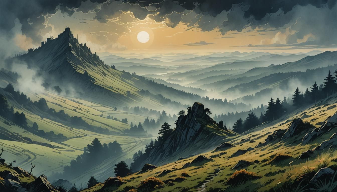 Misty Meadow at Dawn: Retro Digital Illustration
