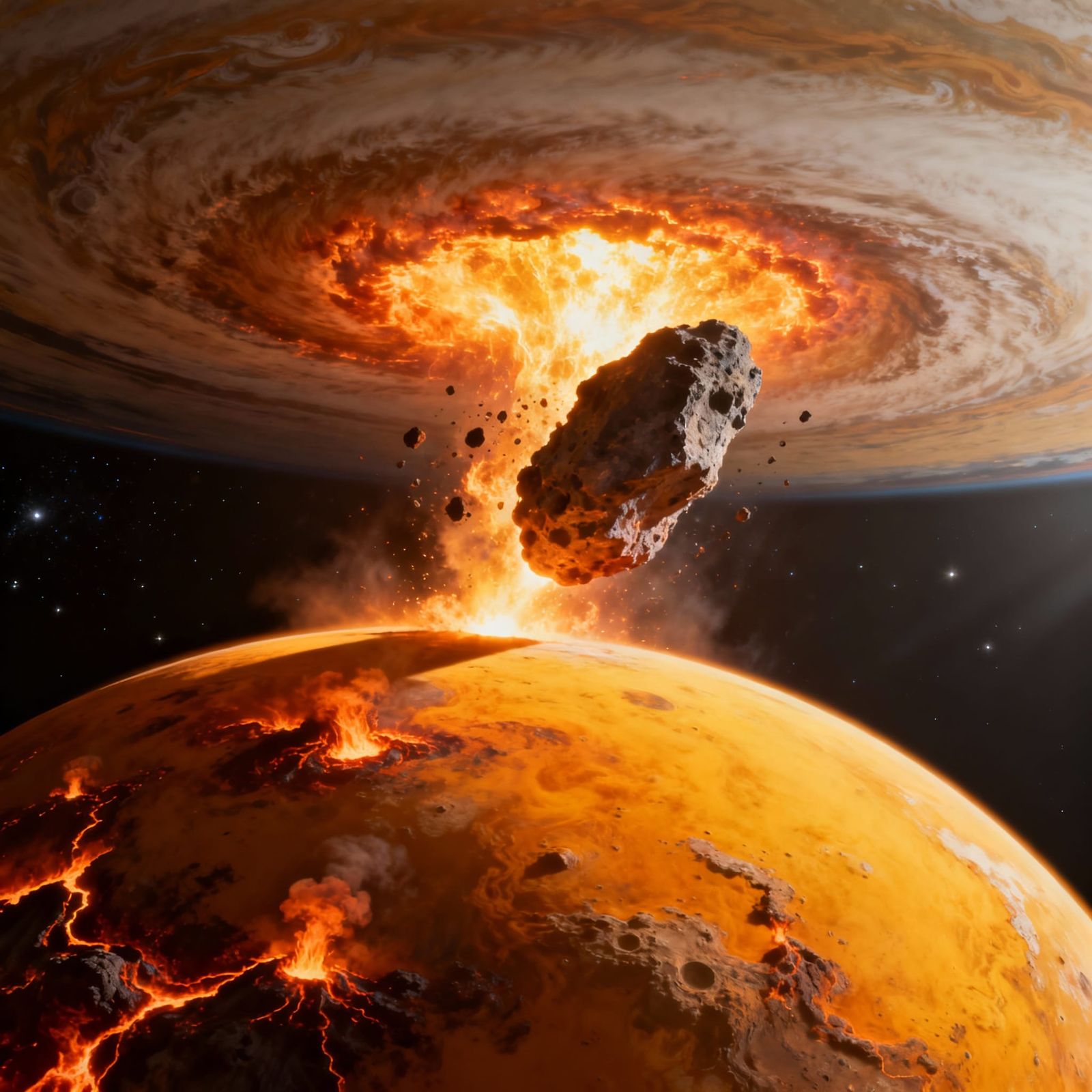 Io Moon Impacting Jupiter Amidst Volcanic Haze