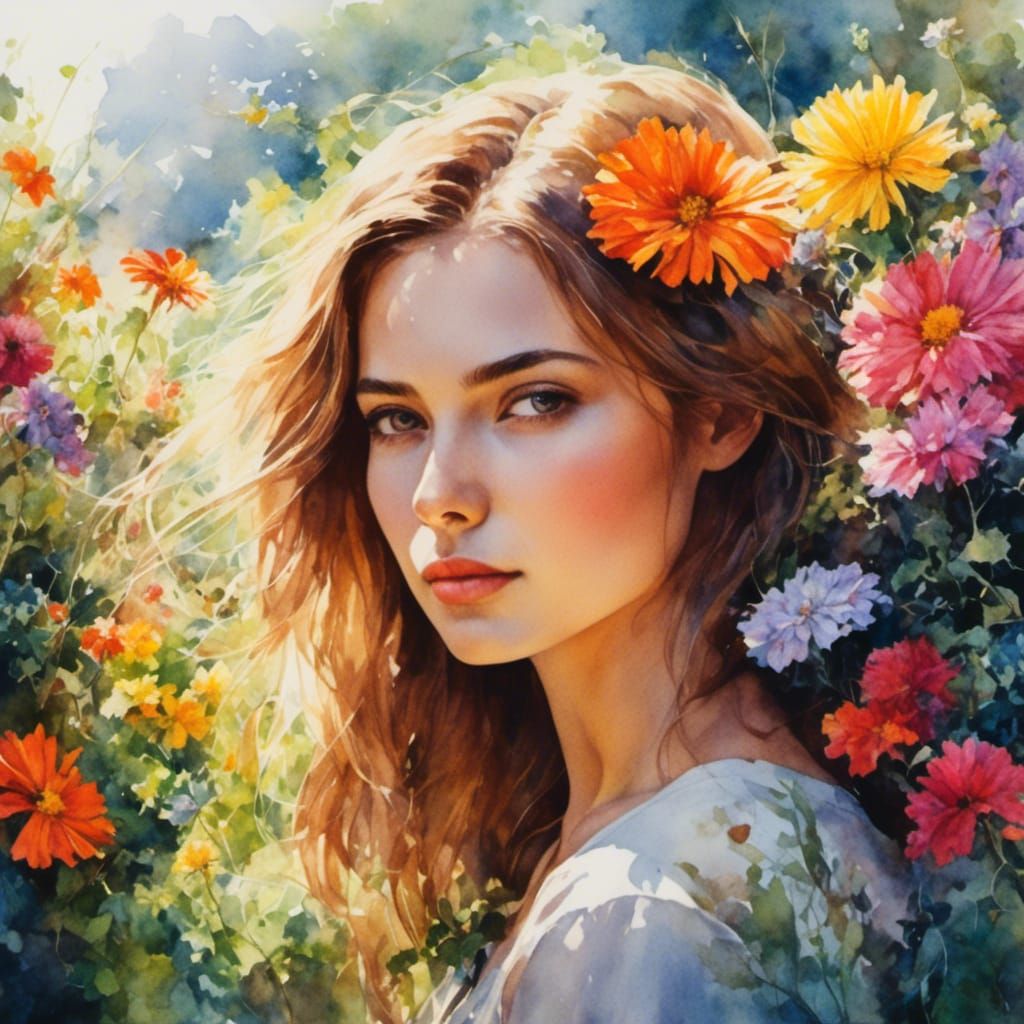 Watercolor Portrait of Woman in Flower Garden
