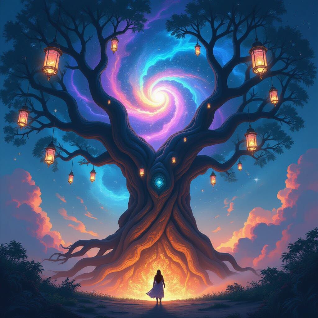 Cosmic Tree with Crystalline Lanterns: Digital Art