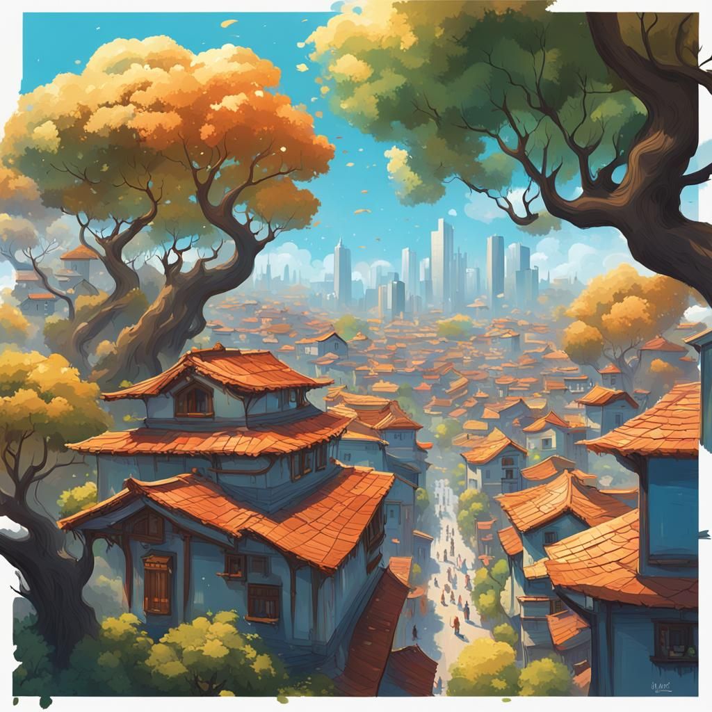 Surreal Cityscape with Hanging Houses in Hyperrealistic Styl...