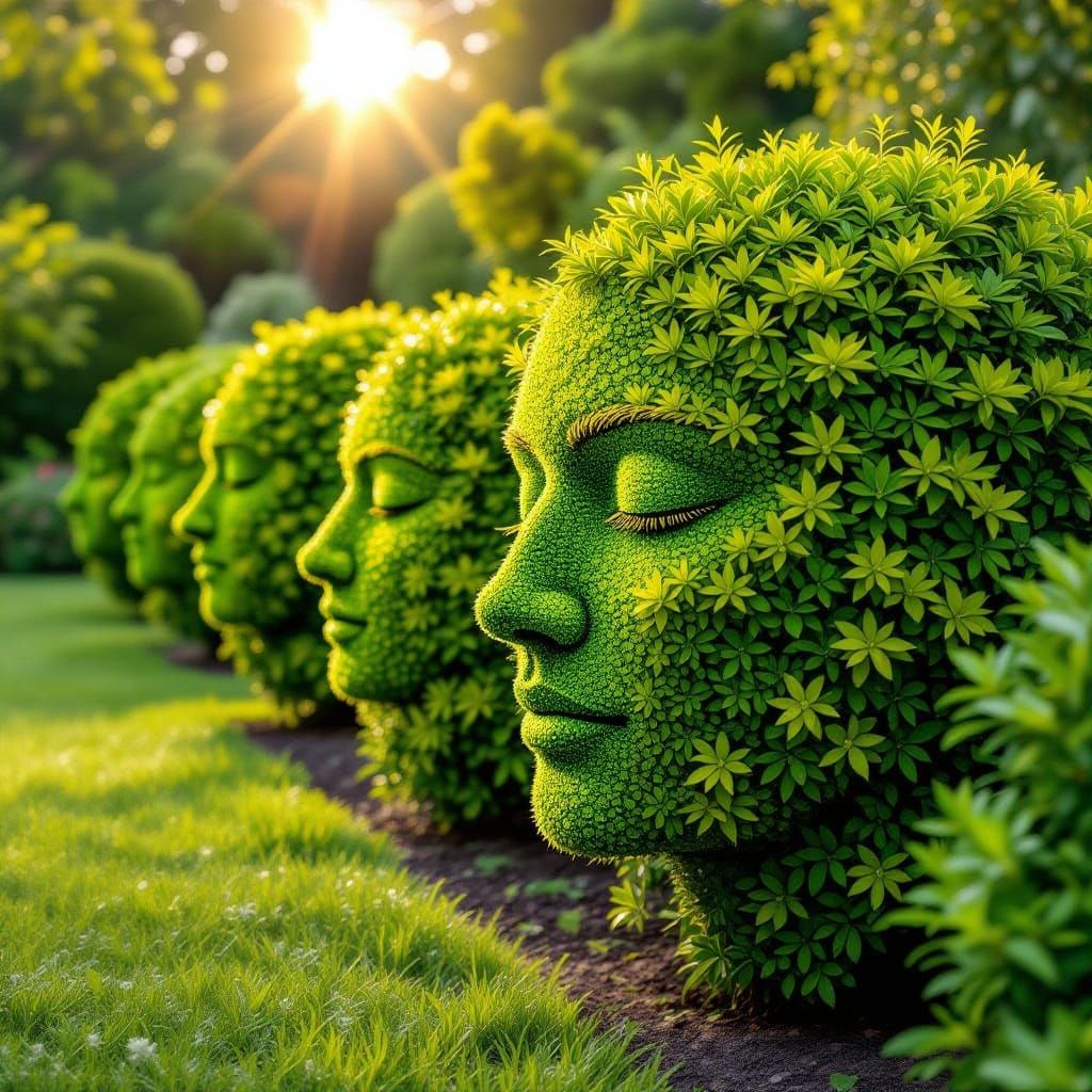 Surrealistic Border of Green and Yellow Bushes in Cosmic Gar...