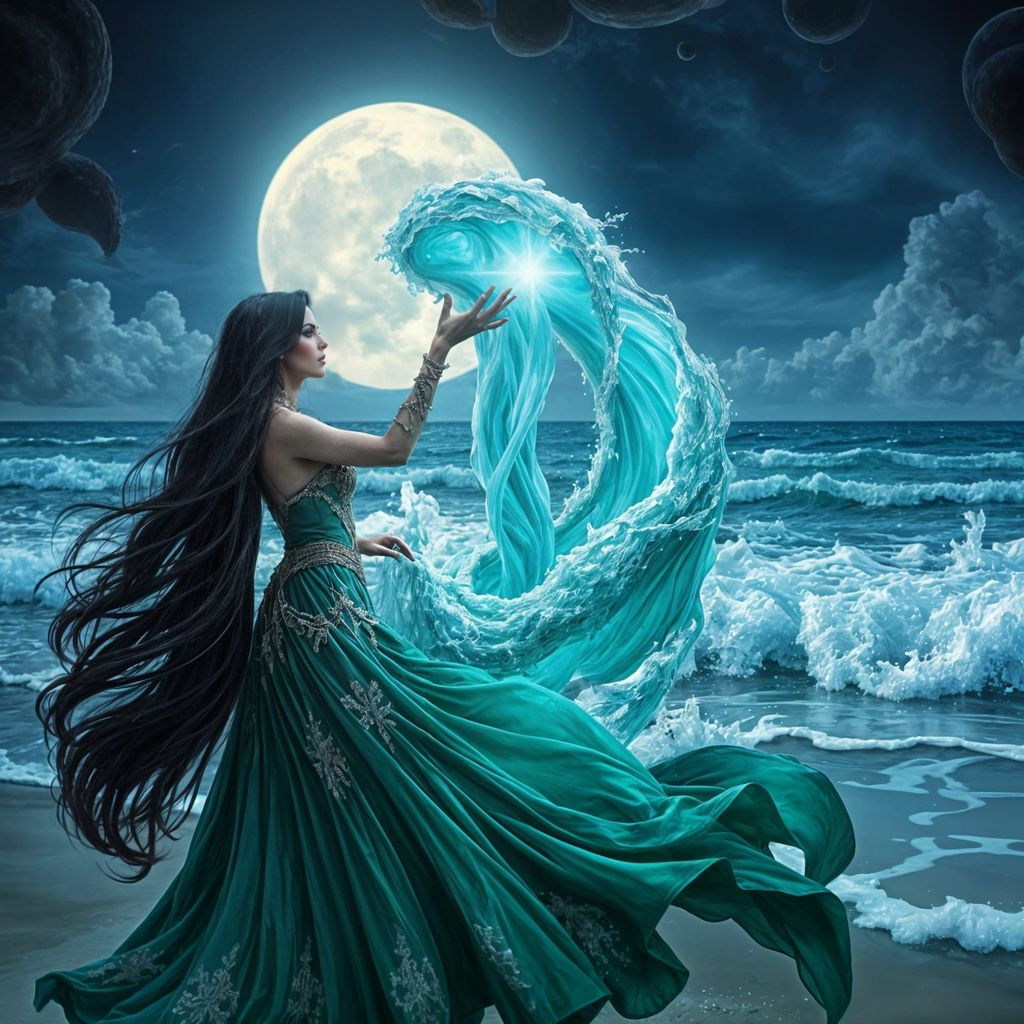 Mystical Beach Sorceress Conjures Oceanic Entity