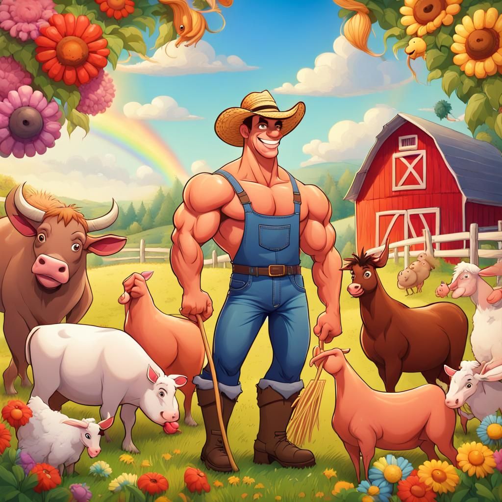 Festive Disney Cartoon: Muscular Farmer with Animals