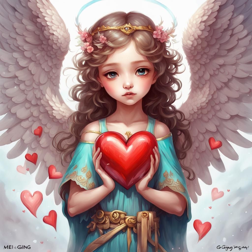 Cute Angel with Heart in Detailed Painting Style