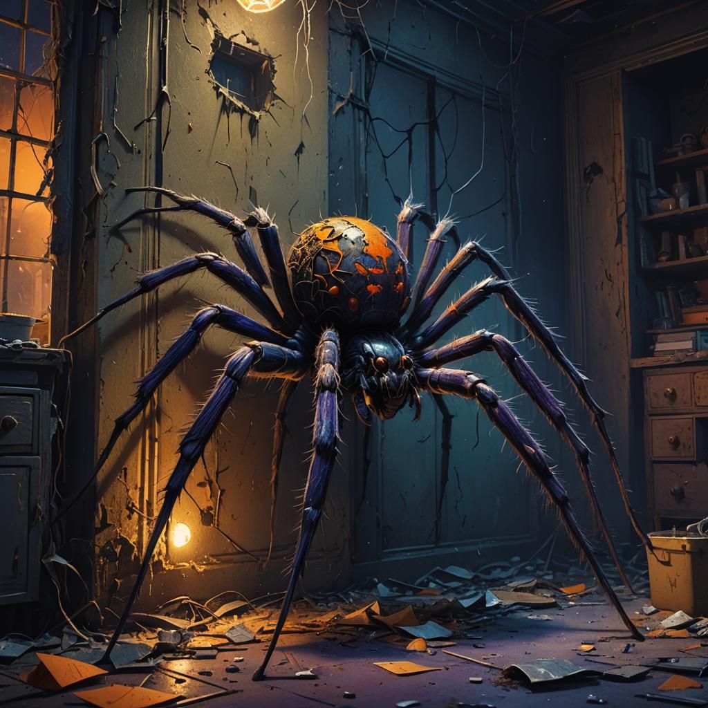 Giant Spider in Abandoned Apartment, Dark Fantasy Art