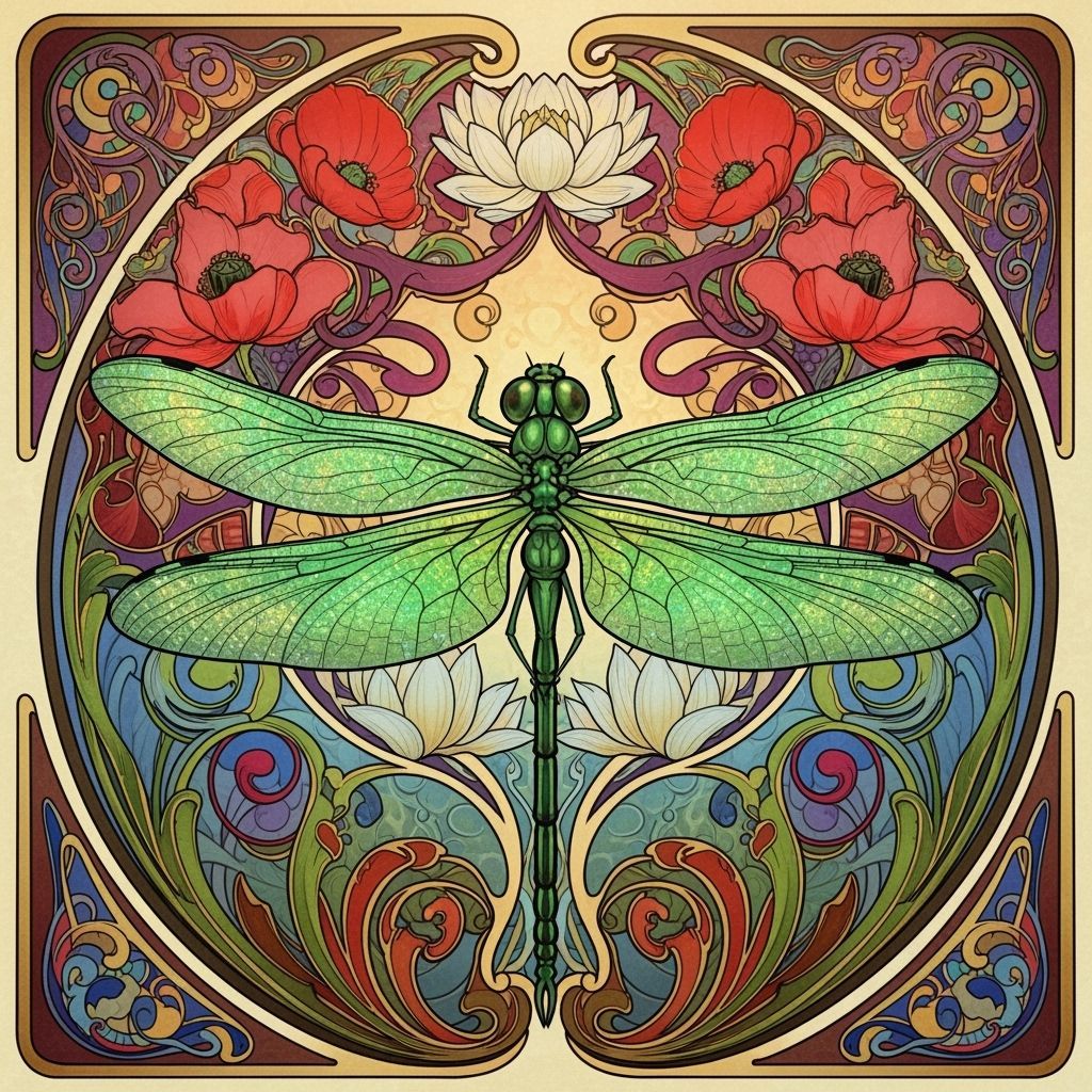 Art Nouveau Dragonfly Illustration with Floral Motifs