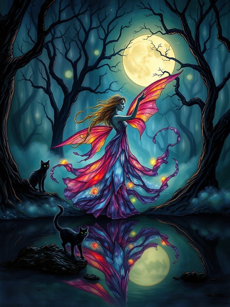Ethereal Fae Dancer Under Full Moonlit Forest