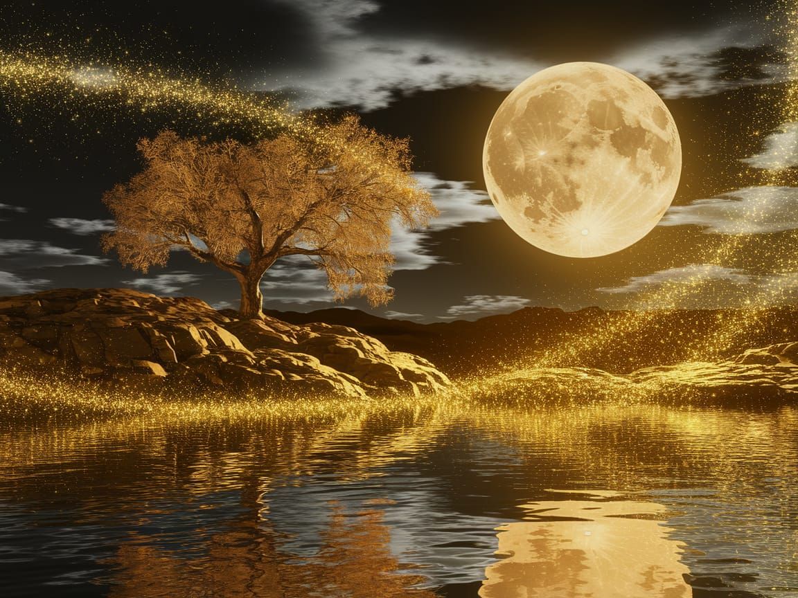 Ethereal Golden Moonlit Landscape with Solitary Tree