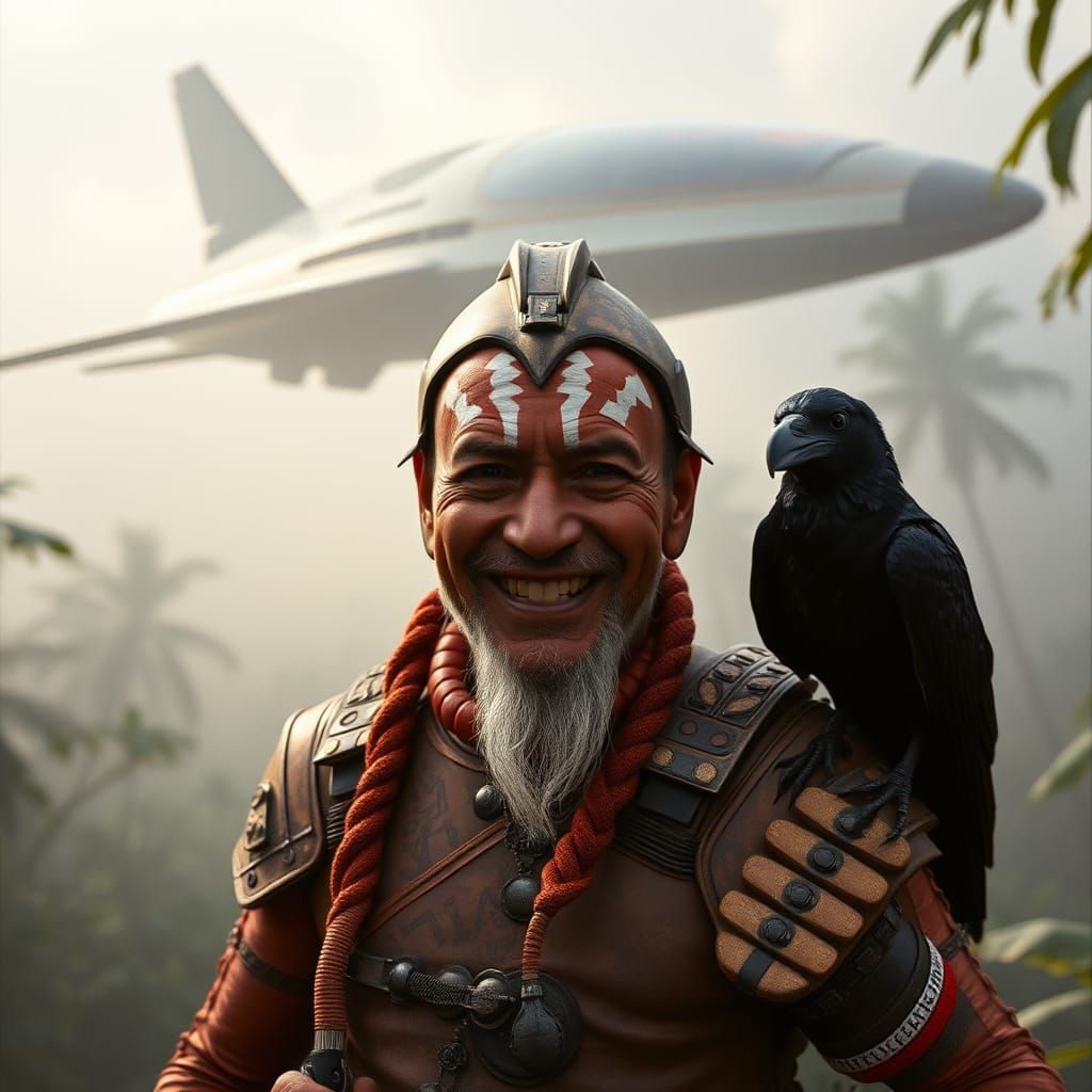 Cyberpunk Aztec Man with Raven in Jungle