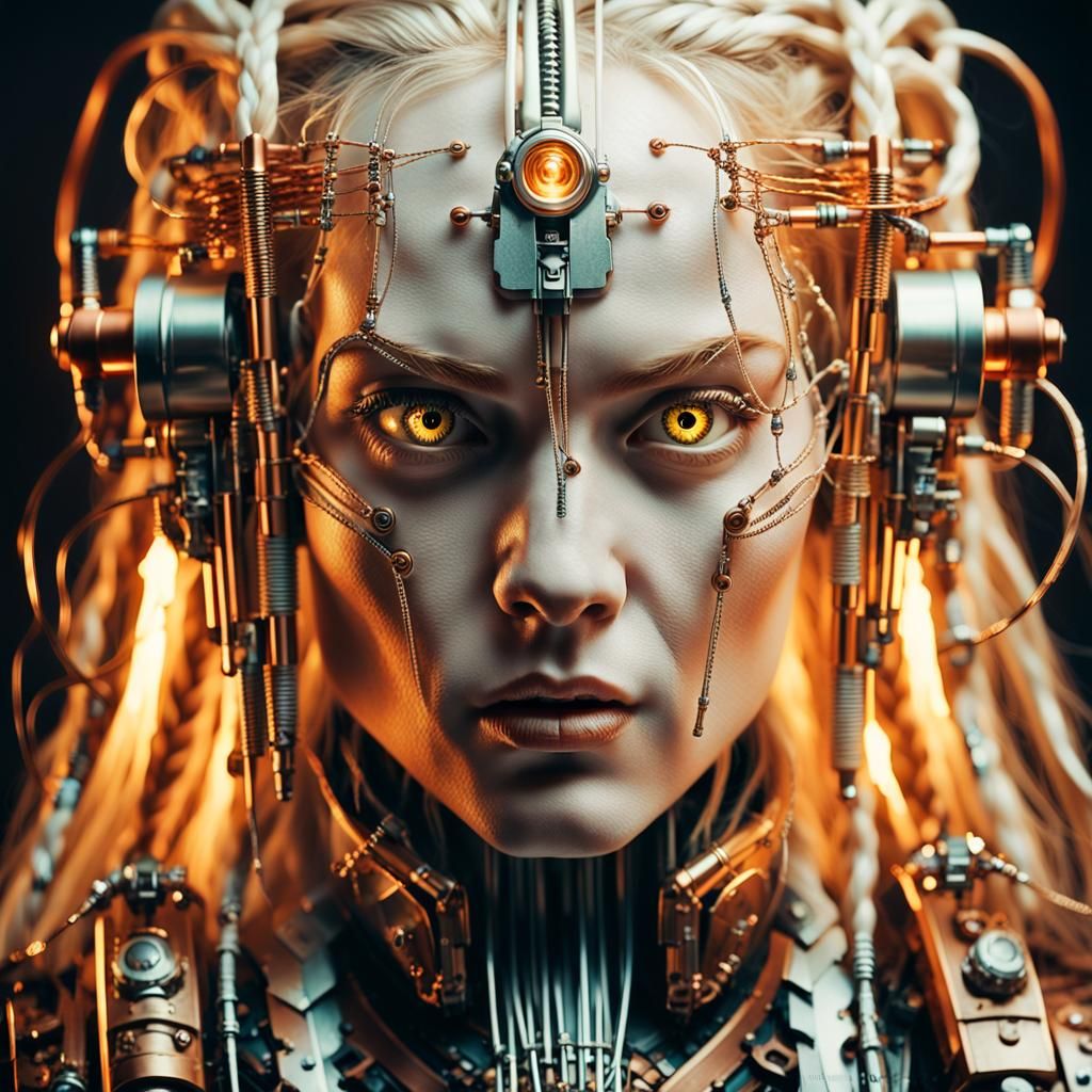Cyborg Valkyrie Close-Up in Retro-Futuristic Style