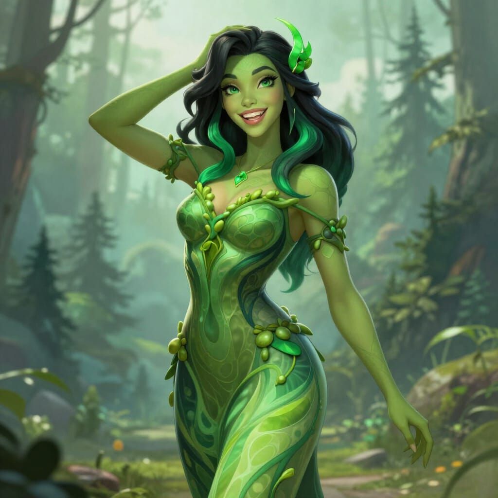 Art Nouveau Green Woman in Verdant Forest