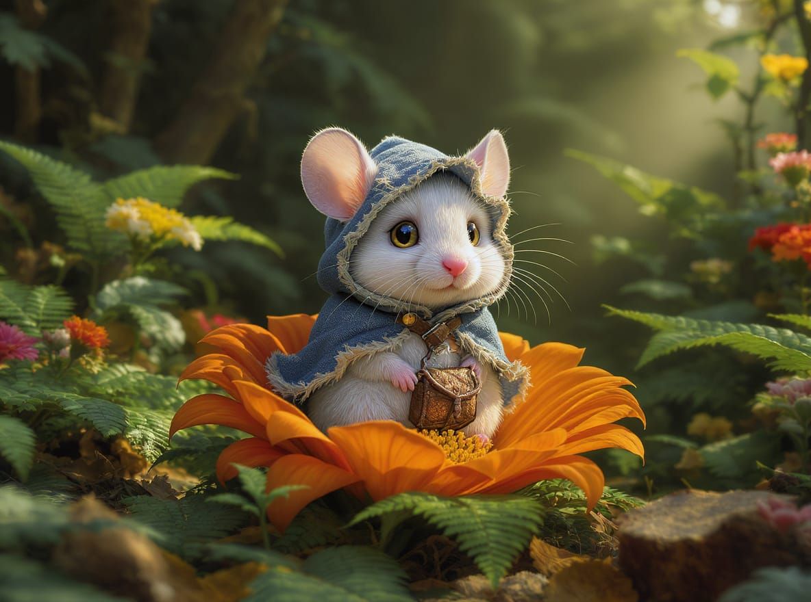 Mouse in Medieval Cloak on Orange Flower