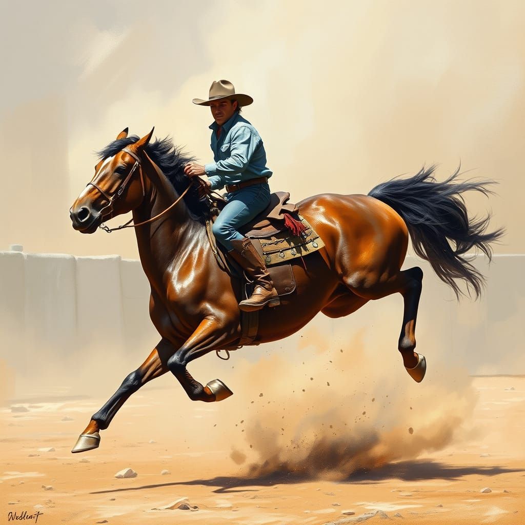Cowboy Rides Bucking Horse in Remington-esque Style