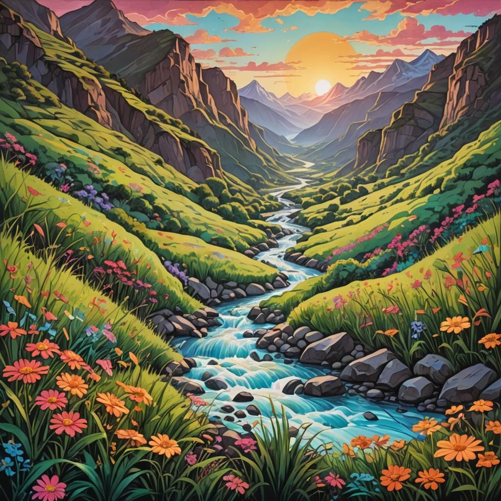 Psychedelic River Valley Sunset: 70s Graffiti Art