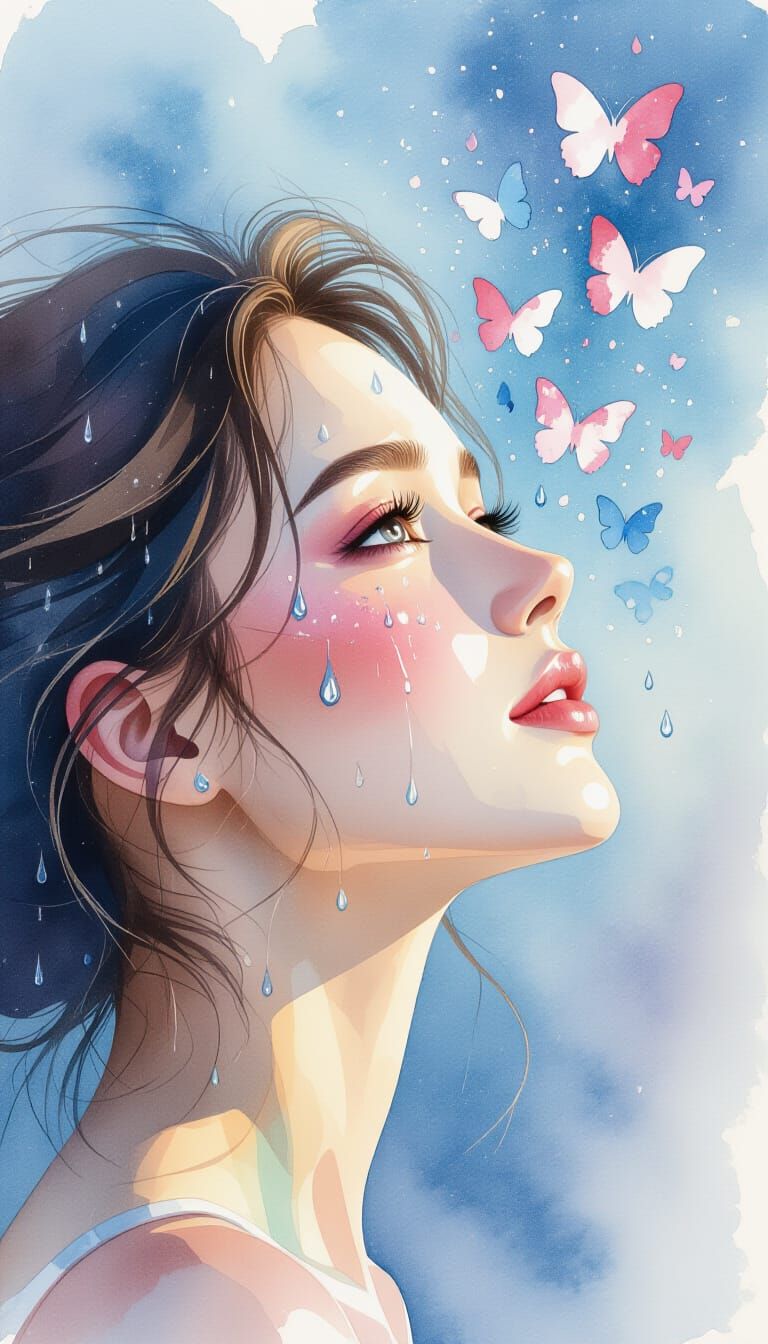 Watercolor Portrait with Butterfly Rain