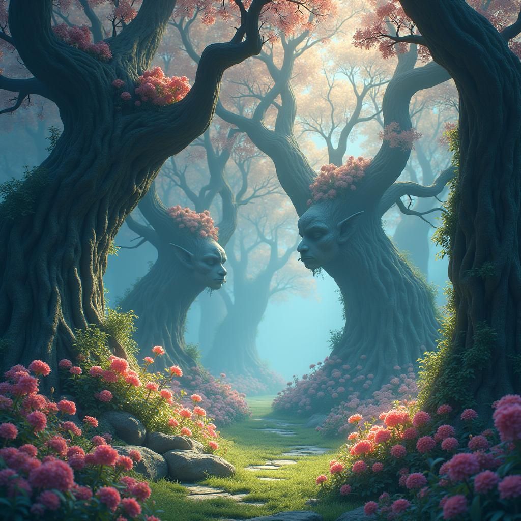 Enchanted Forest with Trees with Faces in Anime Style