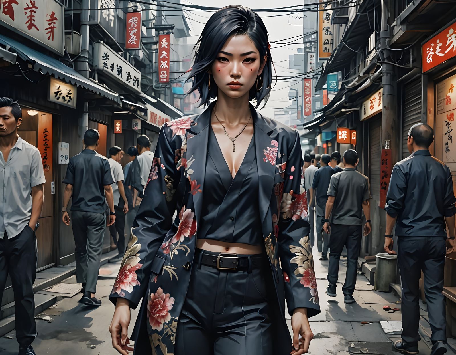 Surreal Yakuza Girl in Dark Watercolor Style