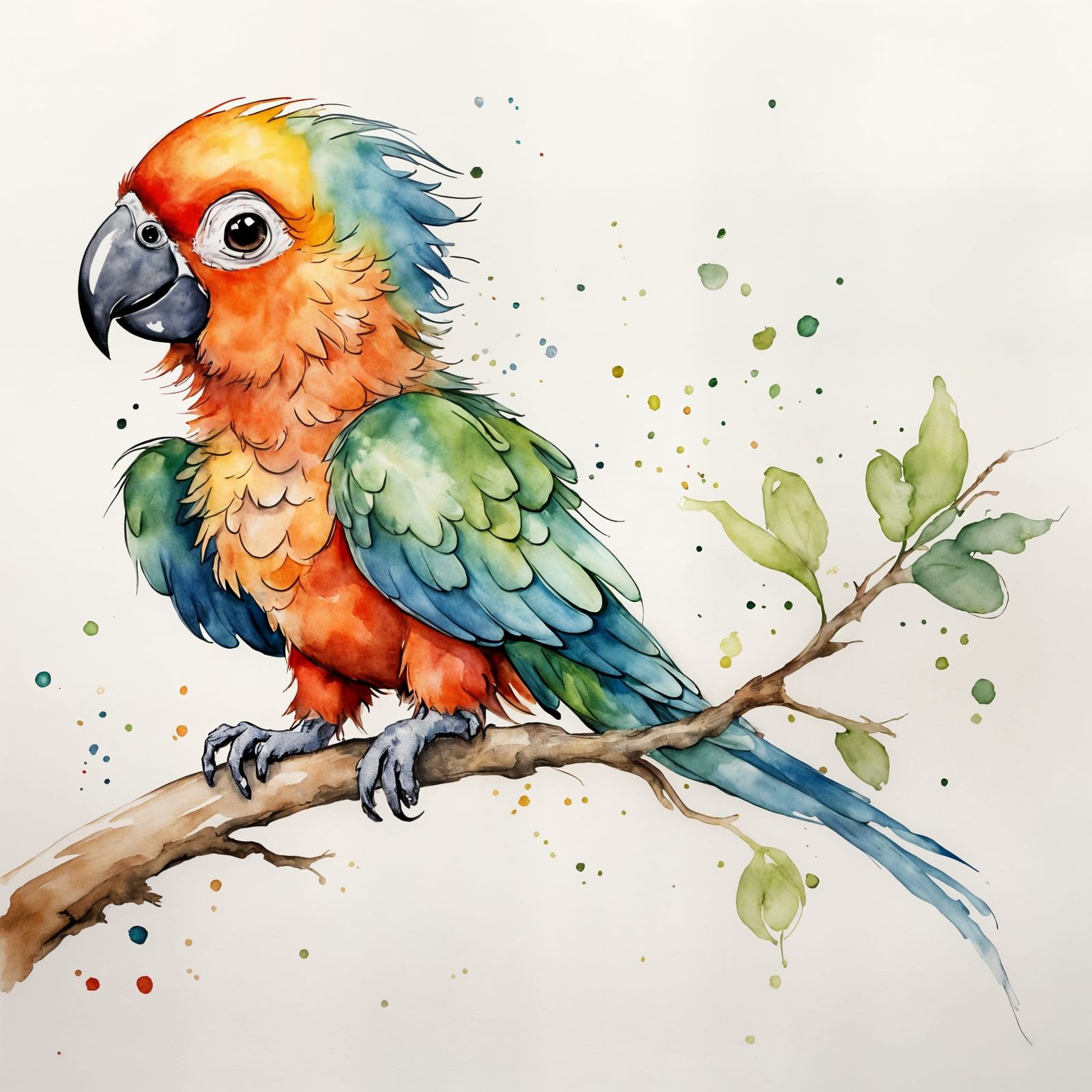 Chibi Parrot Perched on a Branch in Watercolor Style