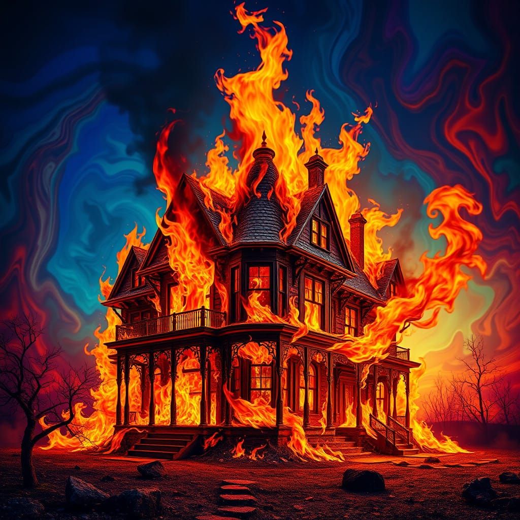Vibrant Surrealist Scene of a Majestic Burning House