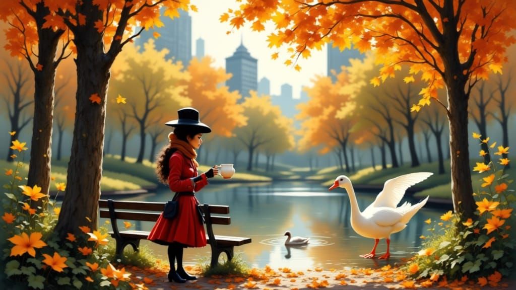 Surreal Autumn Cityscape with a Terrified Teapot