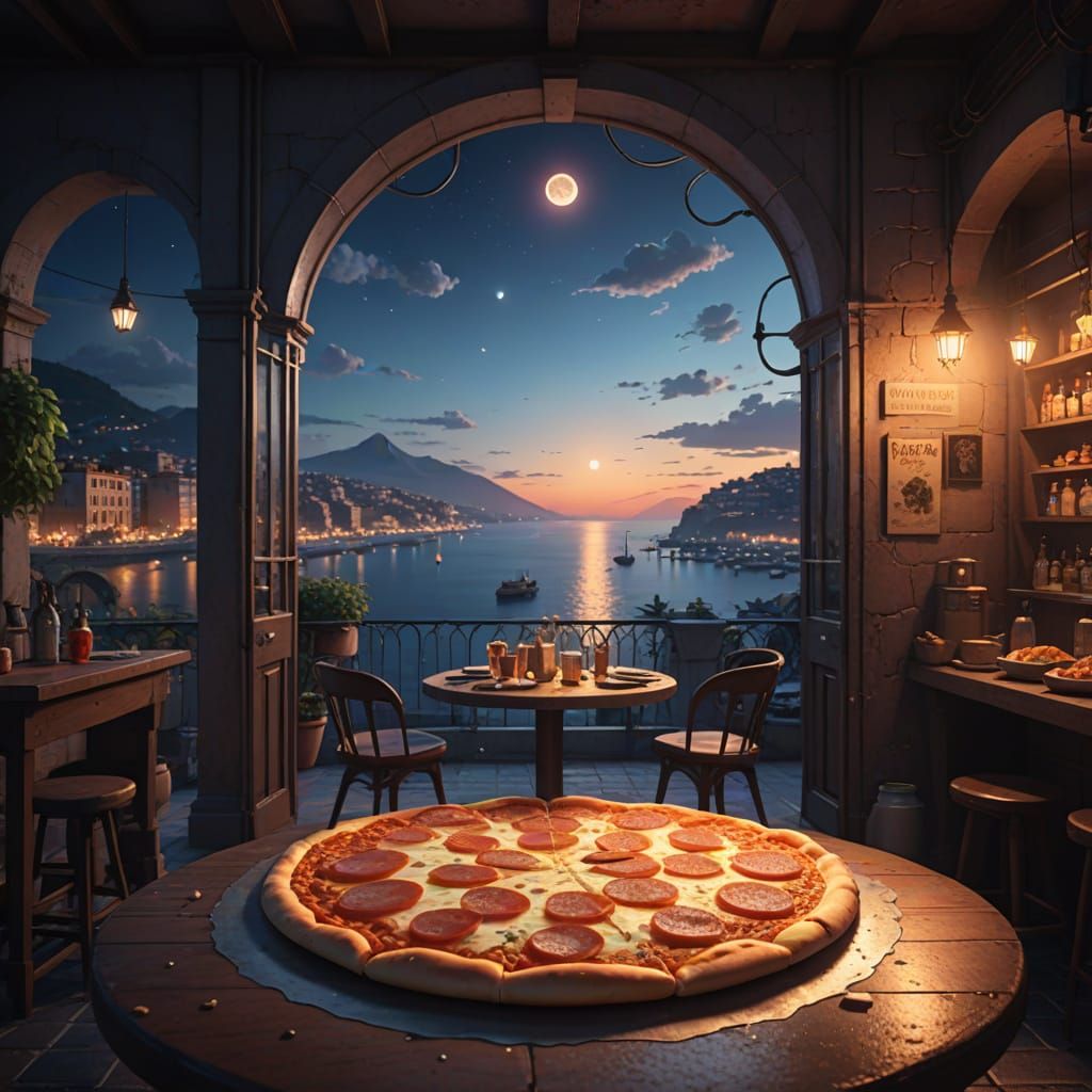 Romantic Pizzeria Scene with Heart Pizza, 3D Anime Art