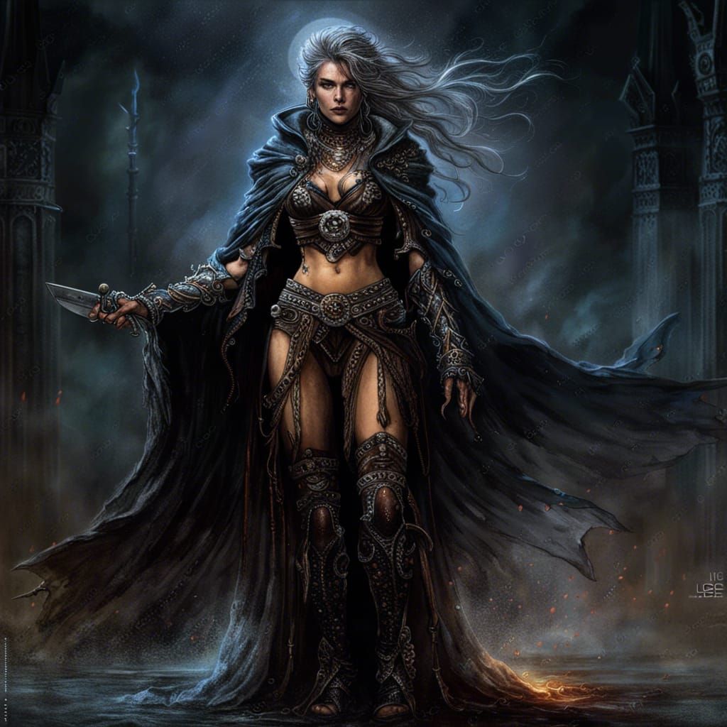 Dark Fantasy Female Mage in 80s Style