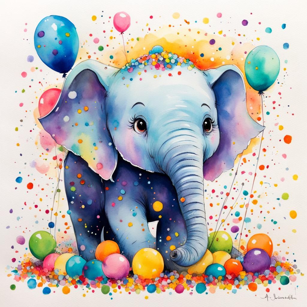 Baby Elephant's Birthday Celebration in Mixed Media Style