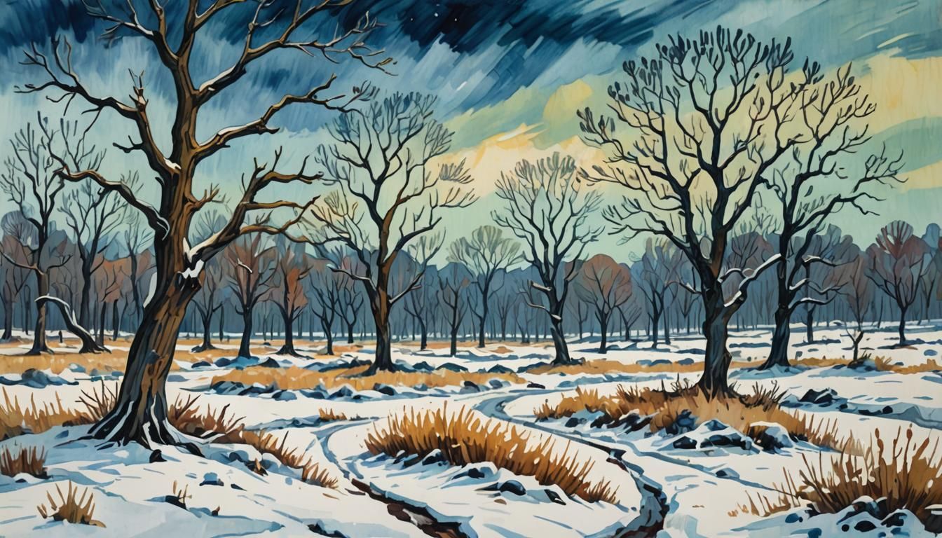 Bleak Winter Landscape in Impressionist Gouache Style