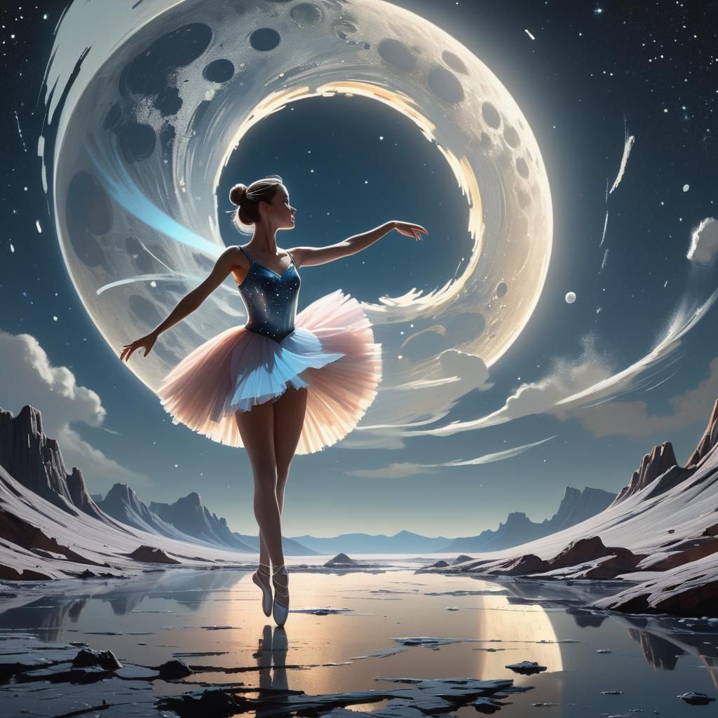 Ballerina Dances on the Moon in Matte Painting