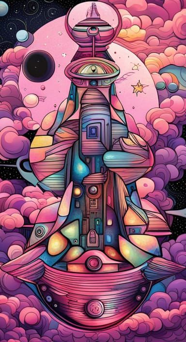 Futuristic Spaceship in Astral Mixed Media Illustration
