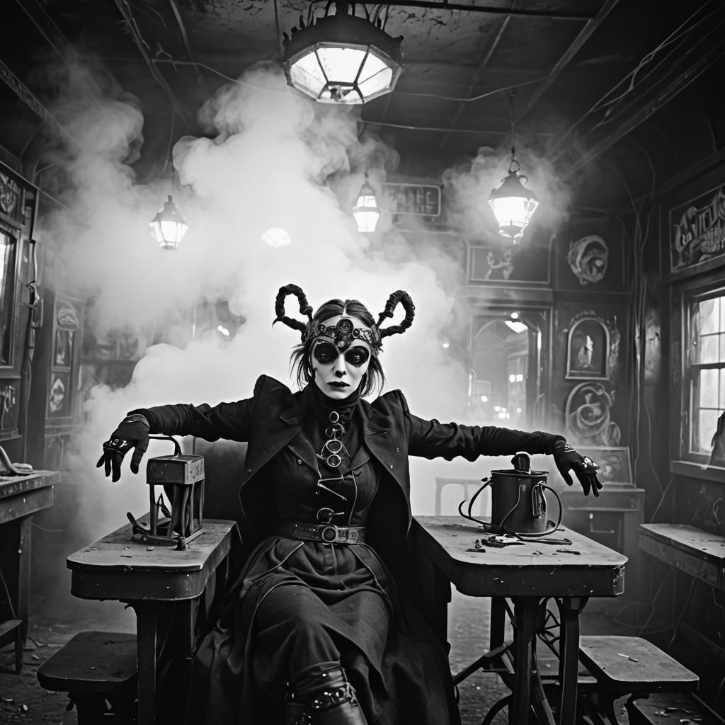 Goth Model in VR at Haunted Carnival: B&W Photo