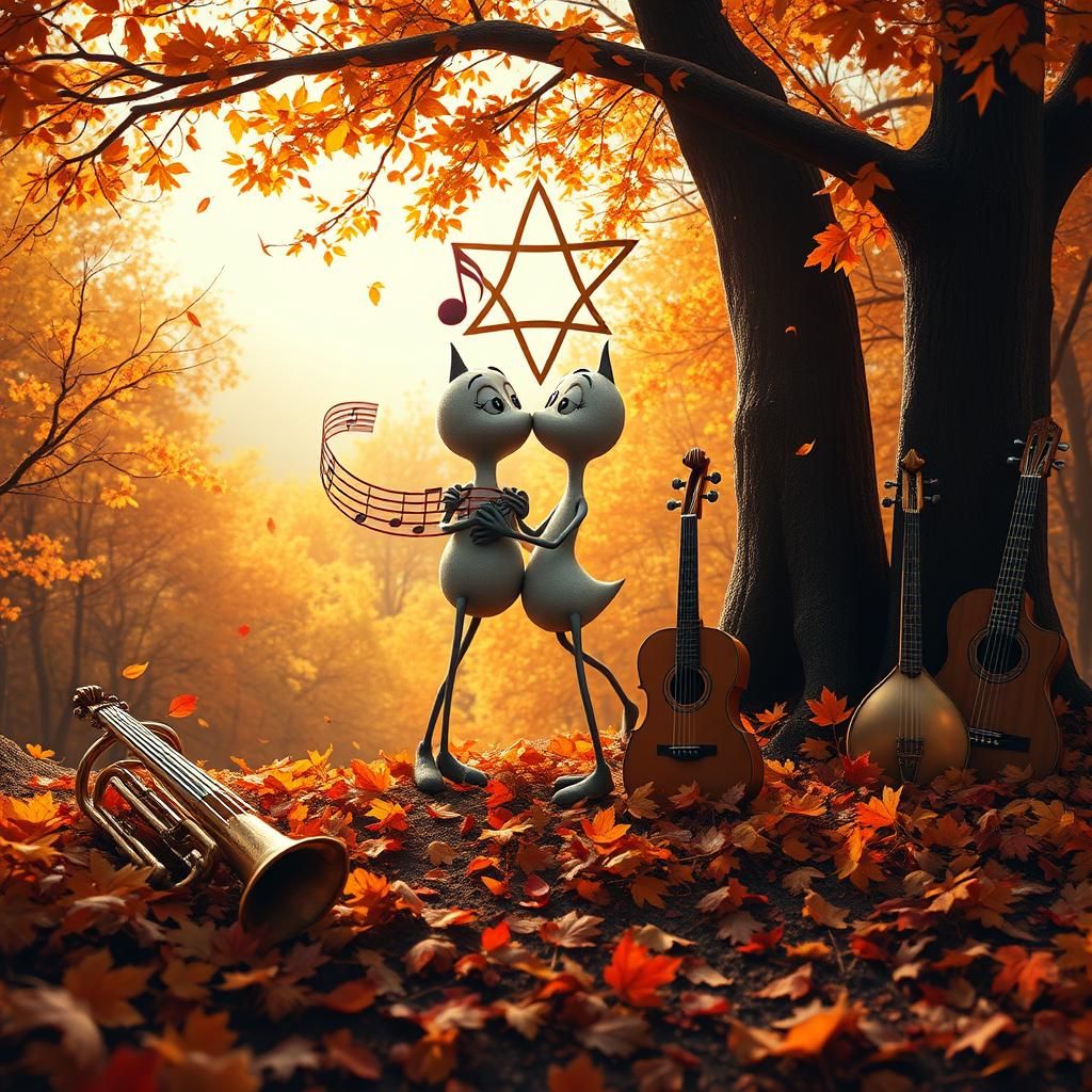 An enchanting scene of animated, anthropomorphic musical notes tenderly kissing, set in a breathtaking autumn landscape....