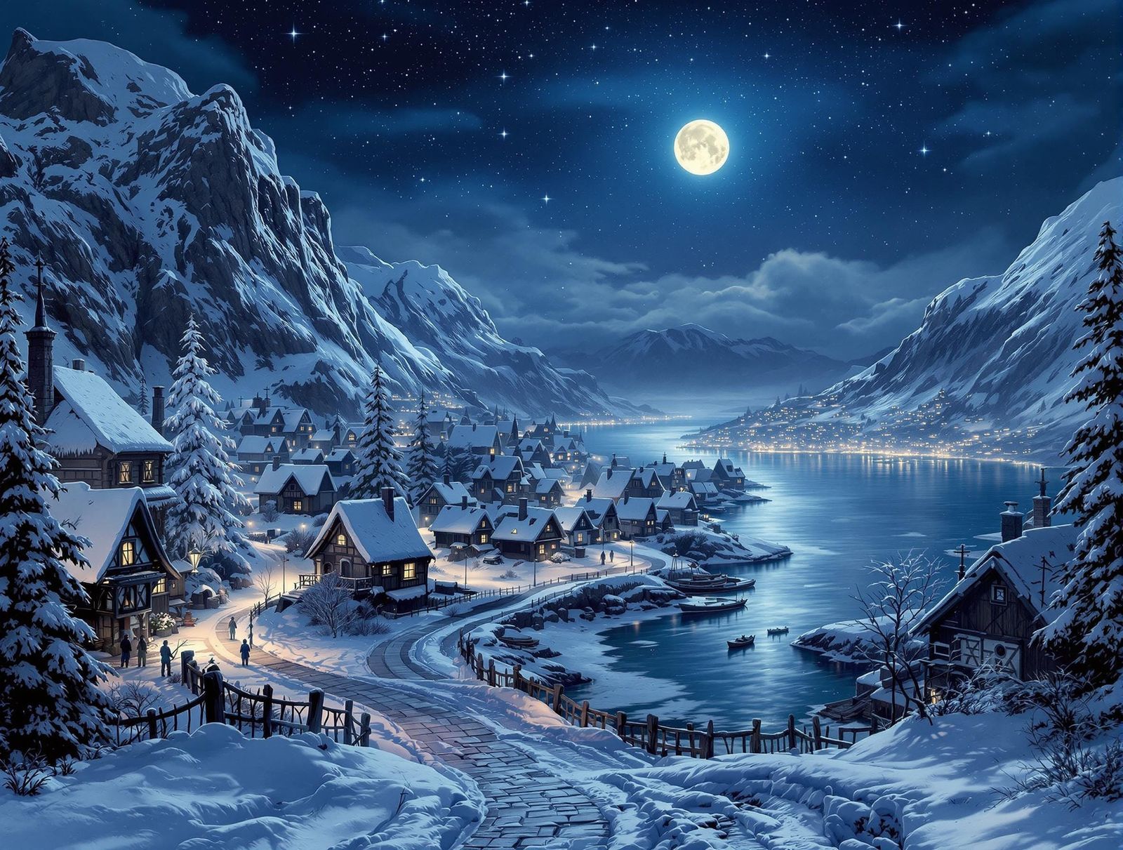 Snowy Norse Village Under Starry Sky