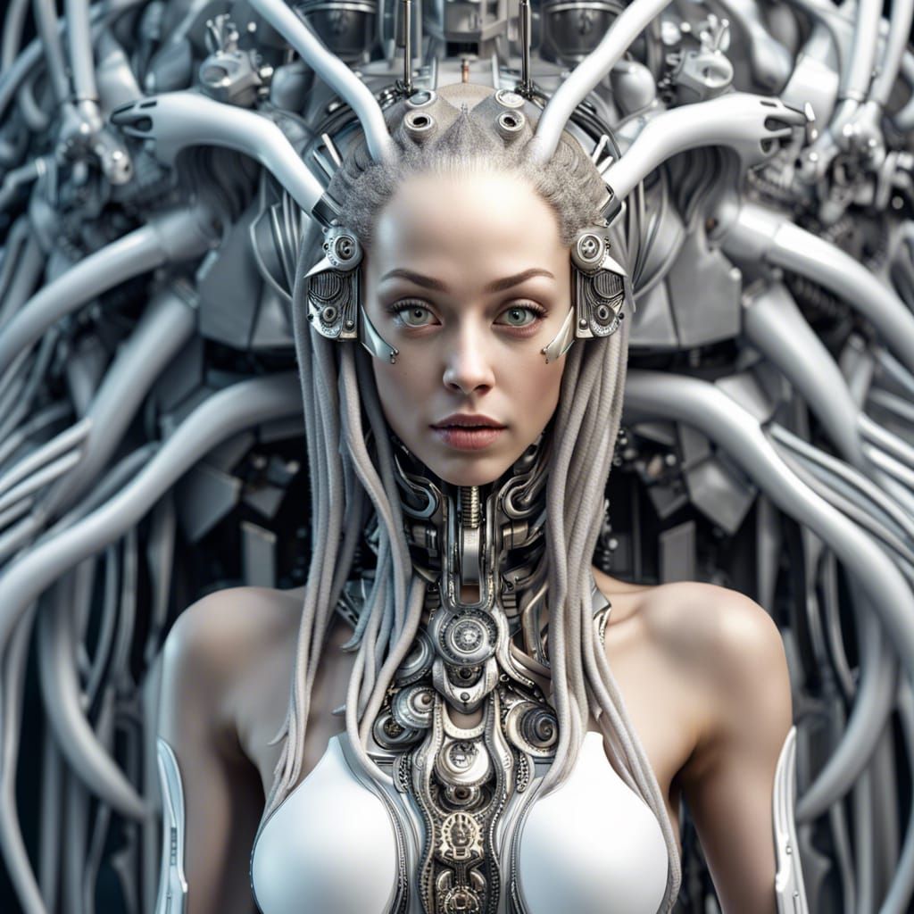 Biomechanical Woman with Silver Dreadlocks in Graffiti Art