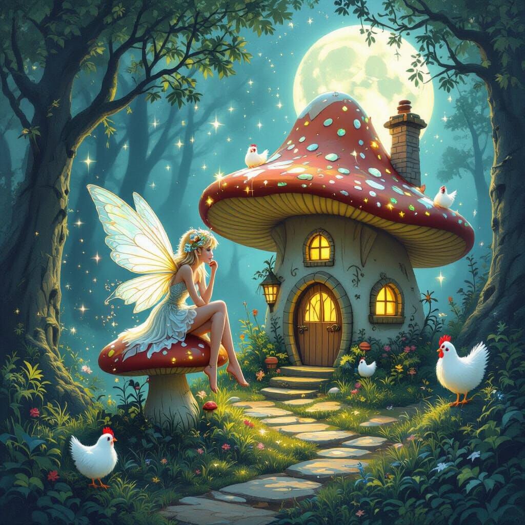 Fairy Mushroom House in Bioluminescent Moon Forest