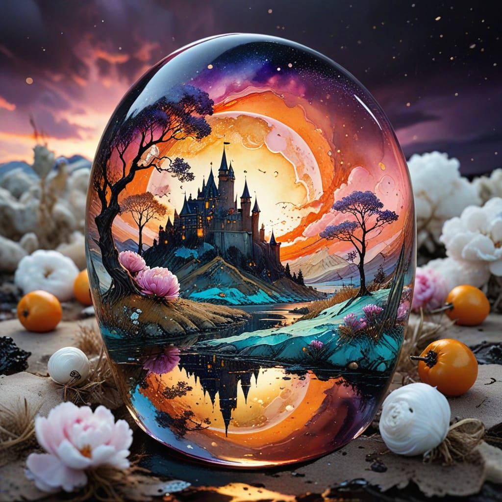 Surreal Castle with Neon Sunset, Watercolor Art